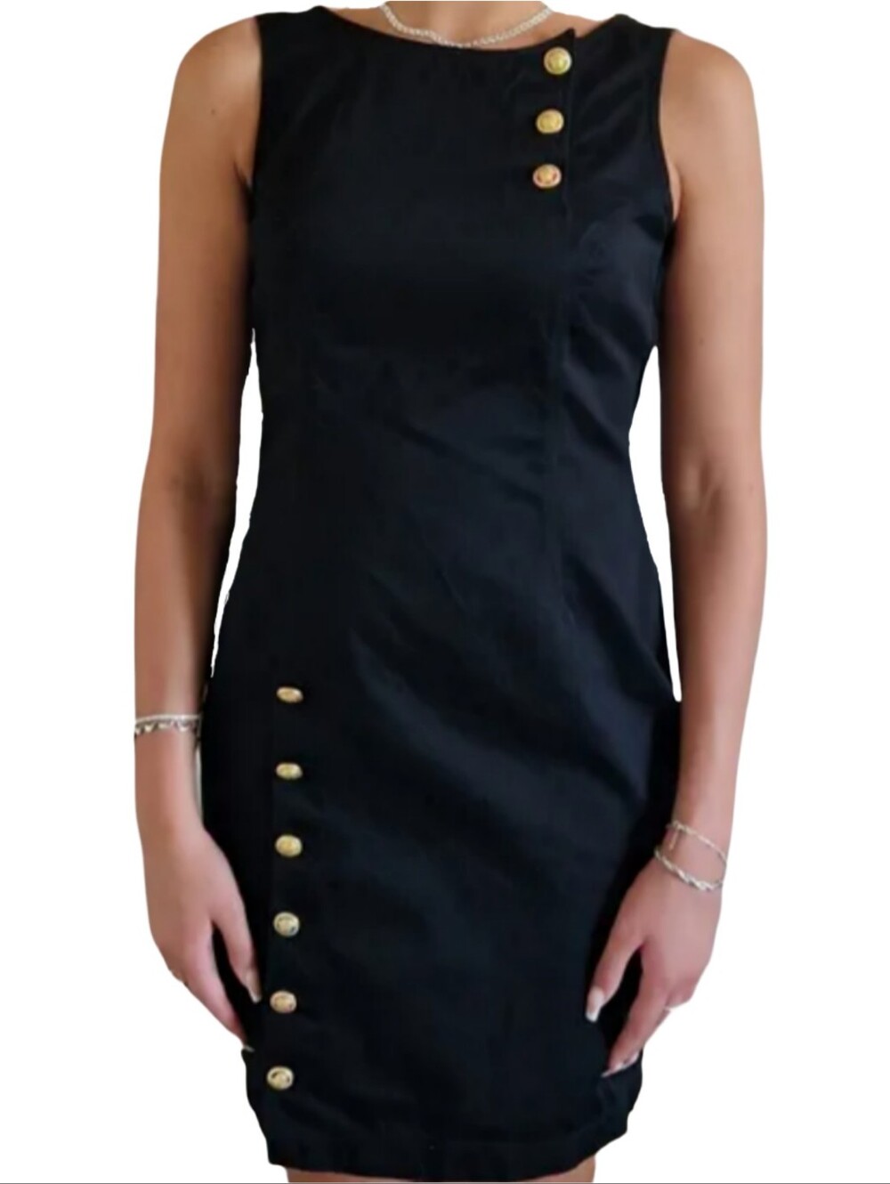 90's Versace Jeans Couture Black Sheath Dress Multi Color Medusa Head Buttons